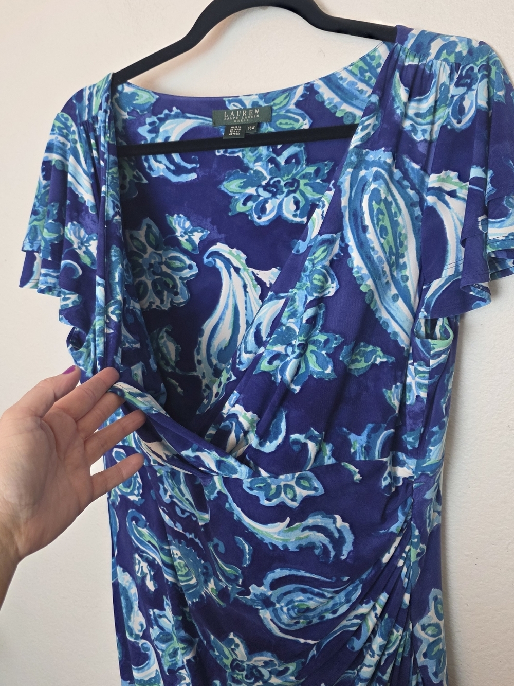 RALPH LAUREN Plus Size 16W Blue Floral Paisley Wrap Dress Stretchy Wedding - Picture 4 of 13